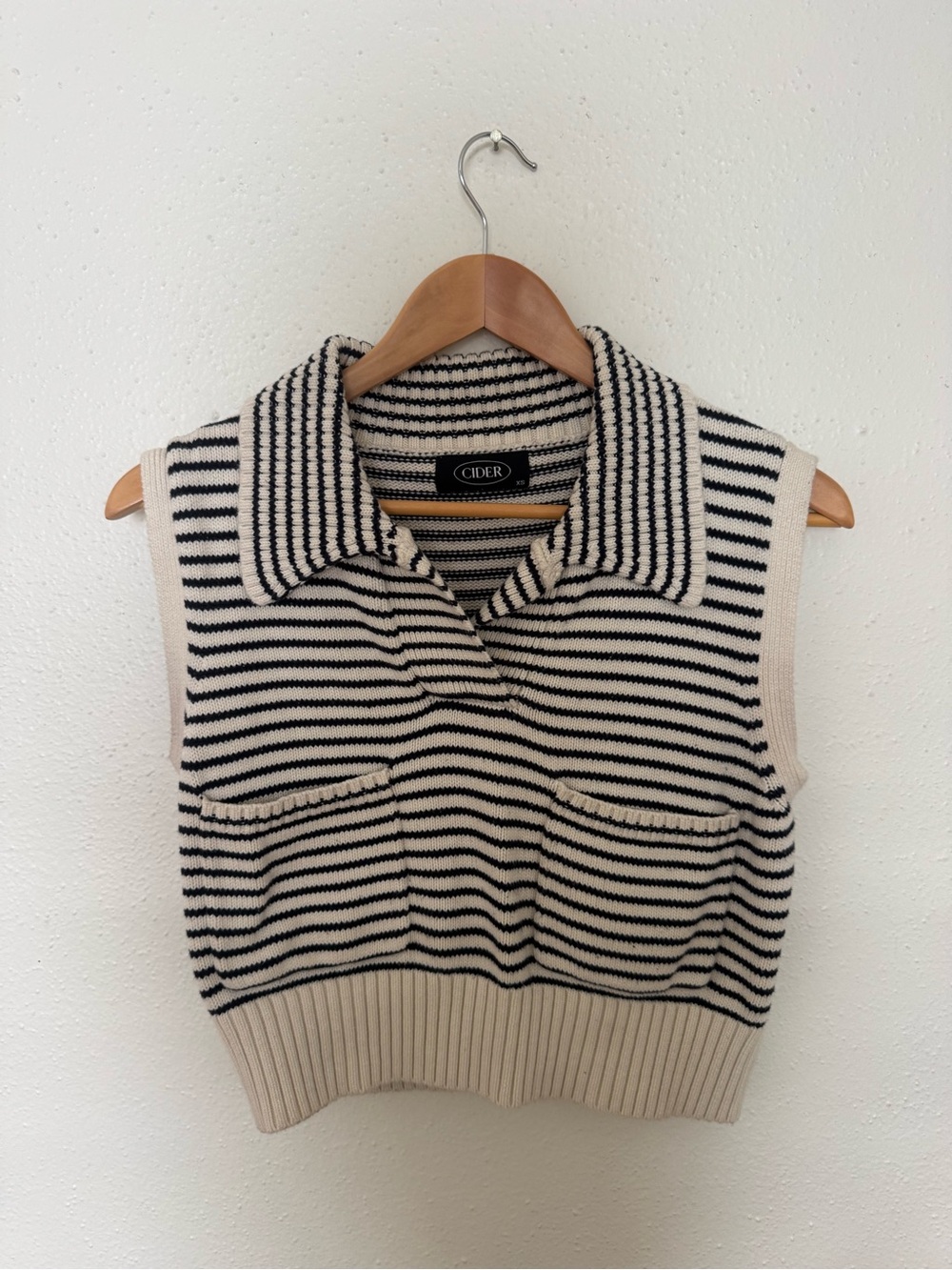 Cider Black and Cream Striped Knit Sleeveless Polo Sweater Vest